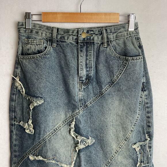 Romwe Womens Distressed Star Denim Raw Hem Maxi Skirt Grungecore Size Medium - Picture 5 of 11